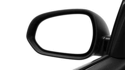 Car side view mirror with a blank white screen for mockup or copy space. Isolated on transparent background, png
