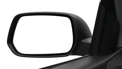 Car side view mirror with a blank white screen for mockup or copy space. Isolated on transparent background, png
