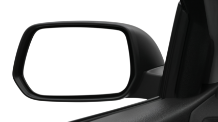 Car side view mirror with a blank white screen for mockup or copy space. Isolated on transparent background, png
