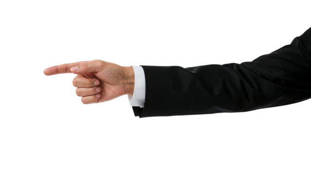 Businessman's arm in a black suit pointing with the index finger. Isolated on transparent background, png
