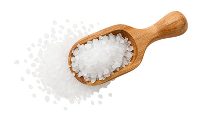 Coarse sea salt or Himalayan salt in a wooden scoop, top view. Isolated on transparent background, png
