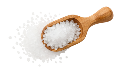 Coarse sea salt or Himalayan salt in a wooden scoop, top view. Isolated on transparent background, png
