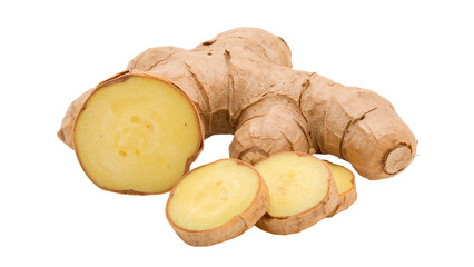 Fresh ginger root rhizome, half and round slices. Isolated on transparent background, png
