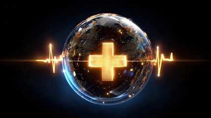 Medical Cross Symbol with Pulse Line Inside Glass Sphere