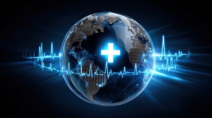 Digital Earth with Medical Cross and Pulse Wave