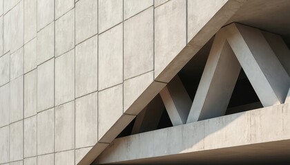 Obraz premium Modern concrete facade with repeating geometric tile pattern. Angular concrete beams form support structure under bright sunlit overhang. Minimalist architectural detail.