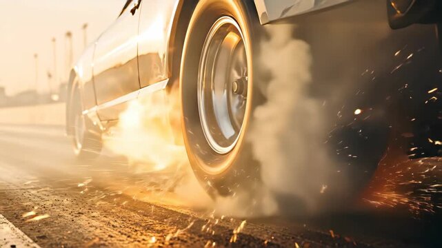 Race car peeling out and creating smoke with tire burn on drag strip burnout. Speed and performance concept footage.