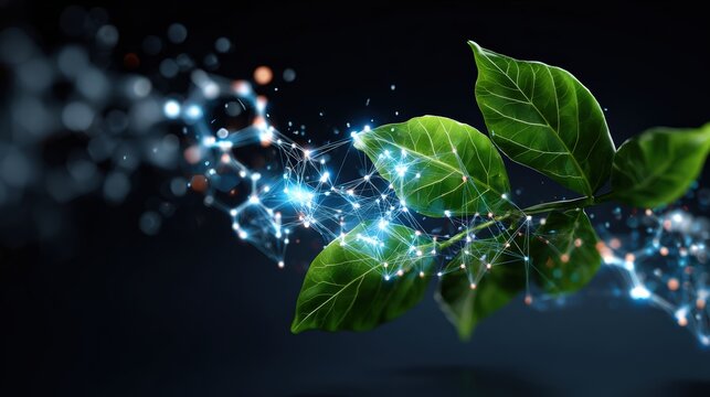 Green Leaf Connected to Glowing Digital Network