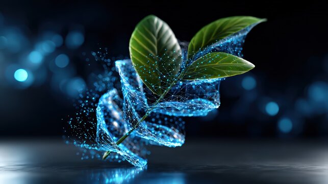 Digital DNA Helix Transforming into Leaf Symbolizing Biotechnology - Powered by Adobe