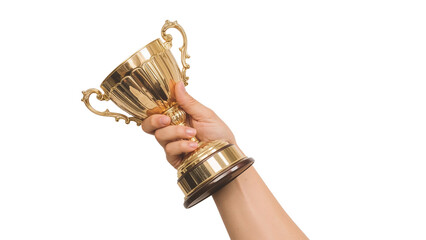 Hand holding a golden trophy cup. Champion celebrating victory and success. Isolated on transparent background, png
