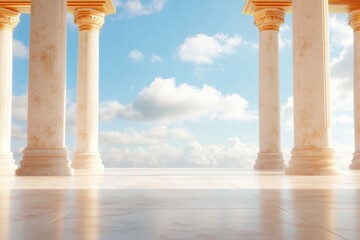 Fototapeta premium Ancient Columns and Serene Skies: A grand structure of classical columns frames a breathtaking view of a vast blue sky dotted with fluffy clouds, evoking a sense of timeless beauty and serenity.