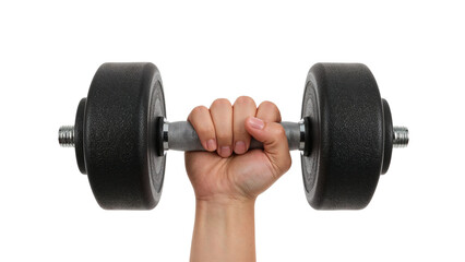 Hand holding a heavy black dumbbell, representing fitness and strength training. Isolated on transparent background, png
