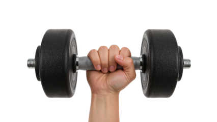 Hand holding a heavy black dumbbell, representing fitness and strength training. Isolated on transparent background, png