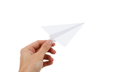 Hand holding a white paper airplane, a concept of travel, freedom and business. Isolated on transparent background, png