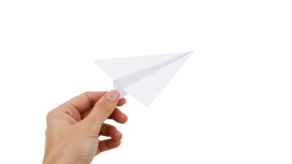 Hand holding a white paper airplane, a concept of travel, freedom and business. Isolated on transparent background, png
