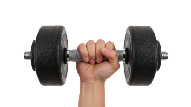 Hand holding a heavy black dumbbell, representing fitness and strength training. Isolated on transparent background, png
