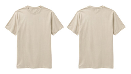 Men's beige crew neck t-shirt template, front and back view. Isolated on transparent background, png

