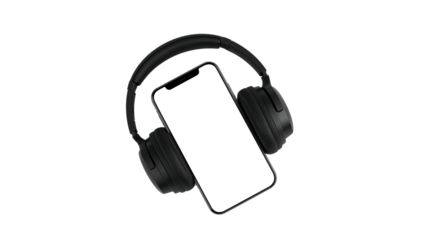 Modern black headphones over a smartphone with a blank white screen for mockup. Isolated on transparent background, png