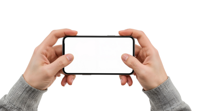 Male hands holding a smartphone horizontally with blank screen for mockup. Isolated on transparent background, png
