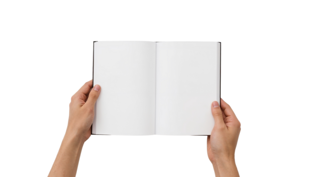 Male hands holding an open blank book or brochure for mockup. Isolated on transparent background, png