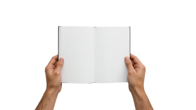 Male hands holding an open blank book or brochure for mockup. Isolated on transparent background, png