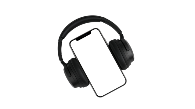Modern black headphones over a smartphone with a blank white screen for mockup. Isolated on transparent background, png