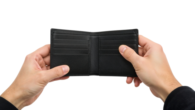 Man's hands holding an open, empty black leather wallet, showing no money. Isolated on transparent background, png
