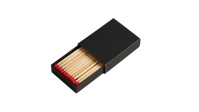 Open black matchbox with wooden matches showing red tips. Isolated on transparent background, png