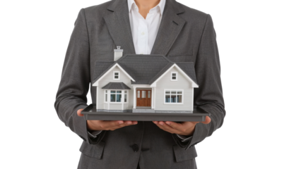Real estate agent holding a model of a modern house on a tray. Isolated on transparent background, png
