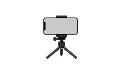 Smartphone on a mini tripod holder for vlogging or video recording. Isolated on transparent background, png

