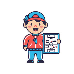 Soccer coach holding a tactical board with a game plan strategy.