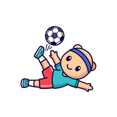 Cartoon Bear Playing Soccer with Focus and Determination.