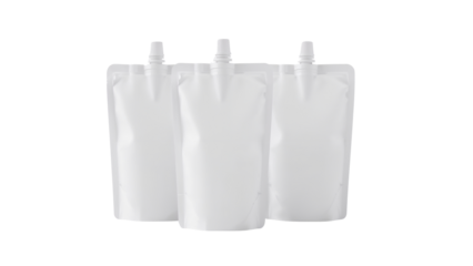 Three white doypack or spouted pouch mockups for liquid food. Isolated on transparent background, png
