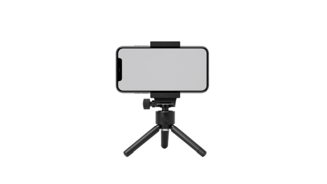 Smartphone on a mini tripod holder for vlogging or video recording. Isolated on transparent background, png
