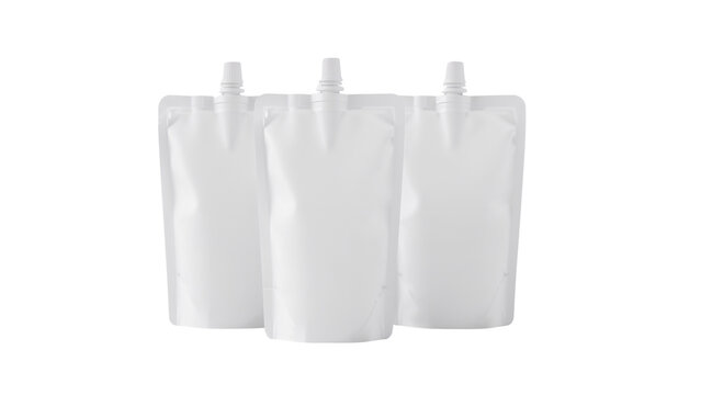 Three white doypack or spouted pouch mockups for liquid food. Isolated on transparent background, png
