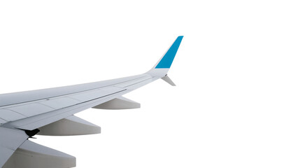 View of a commercial airplane wing with a blue winglet from a window. Isolated on transparent background, png
