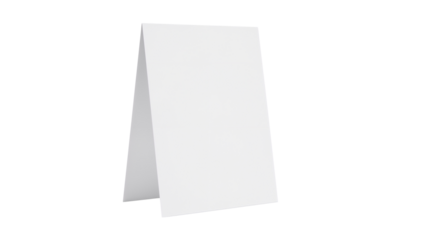 White blank paper table tent card, standing A frame mockup for menu or sign. Isolated on transparent background, png
