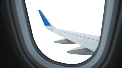 View of a commercial airplane wing with a blue winglet from a window. Isolated on transparent background, png
