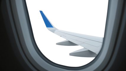 View of a commercial airplane wing with a blue winglet from a window. Isolated on transparent background, png
