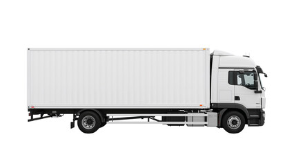 White delivery truck with a blank cargo container for mockup, side view. Isolated on transparent background, png
