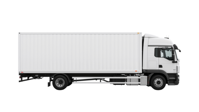 White delivery truck with a blank cargo container for mockup, side view. Isolated on transparent background, png

