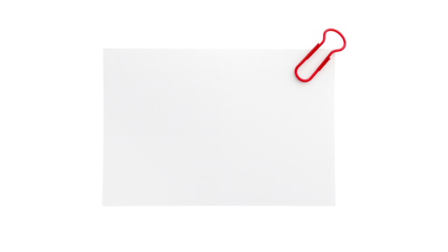 White blank rectangular note paper with a red paperclip on the corner. Isolated on transparent background, png
