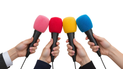 Many hands holding colorful microphones for a press conference or interview. Isolated on transparent background, png
