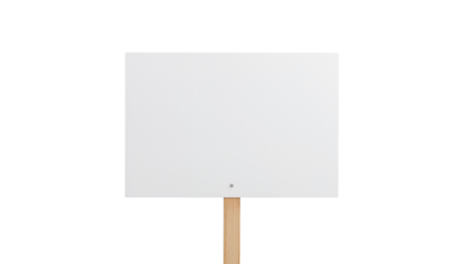 Blank white rectangular protest sign or placard on a wooden stick for rally. Isolated on transparent background, png
