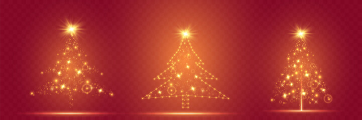 Set of golden glowing Christmas trees with festive lights on red background.