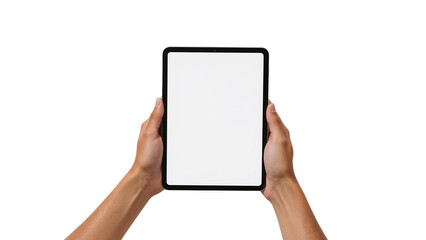 Man's hands holding a vertical tablet with a blank white screen for mockup. Isolated on transparent background, png
