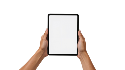 Man's hands holding a vertical tablet with a blank white screen for mockup. Isolated on transparent background, png
