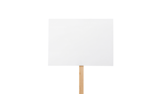 Blank white rectangular protest sign or placard on a wooden stick for rally. Isolated on transparent background, png
