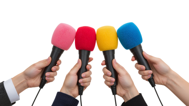 Many hands holding colorful microphones for a press conference or interview. Isolated on transparent background, png
