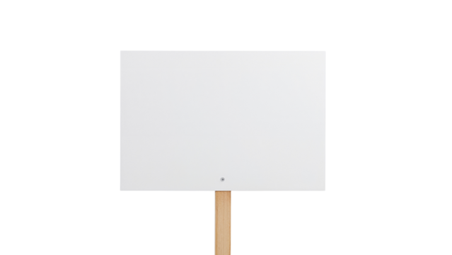 Blank white rectangular protest sign or placard on a wooden stick for rally. Isolated on transparent background, png
